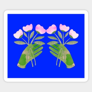 Green hands with pink flowers for you or someone you love on blue Magnet